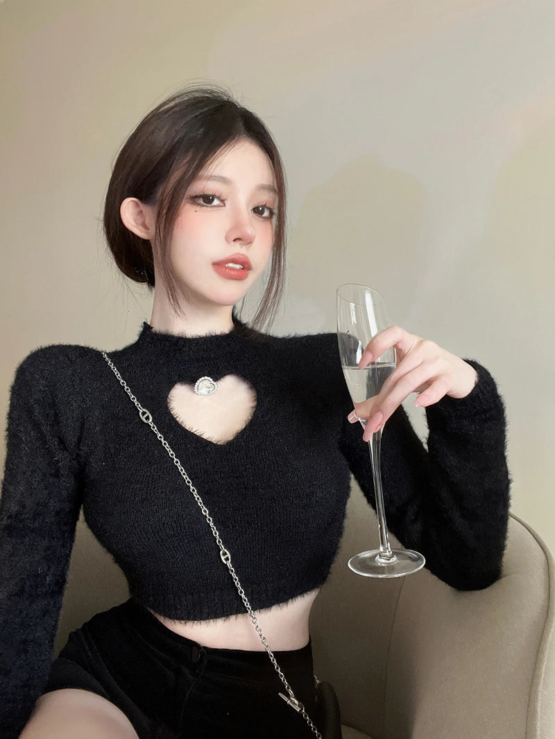 2023 Autumn Winter New Sweater Women's O Neck Diamond-Studded Hollow Love Long Sleeve Slim Short Crop Top