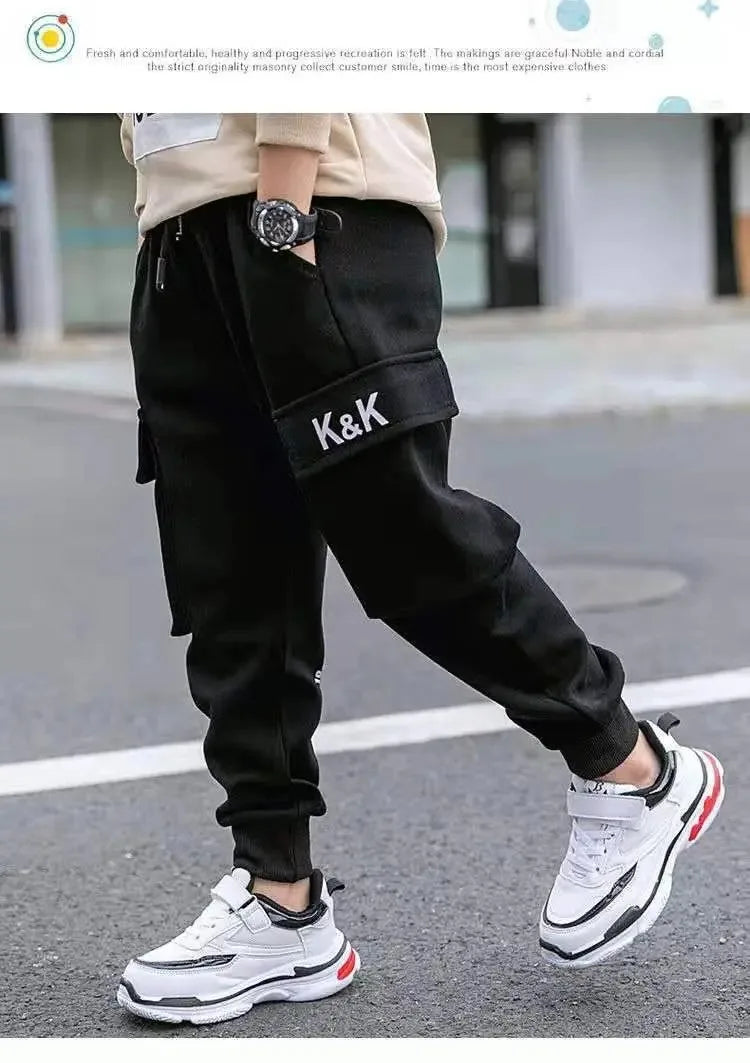 2024 Autumn Boys Pants Letter Print Cotton Sweatpants Casual Korean Cargo Pants Fashion Teenage Kids Sport Multi-pocket Pants