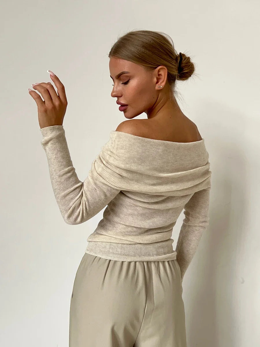 Wolfeel Women Knitted Wool T-shirt Slim Fit Long Sleeve Autumn Winter Chic Off Shoulder Basic Sweater Streetwear Pullovers