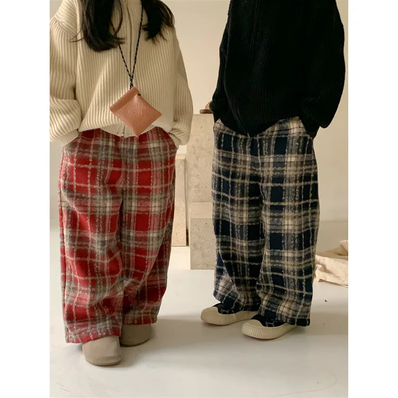 Kids Pants Plaid Printed Wide-leg Pants Winter Clothes for Girls Boy Clothes Boys Autumn and Winter Woolen Pants