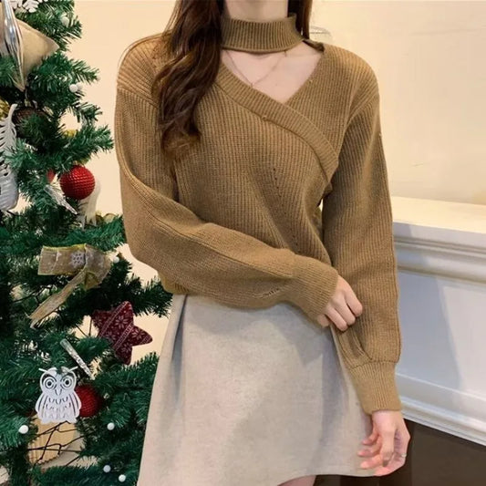 Women's Neck Hanging Solid Sweater Warm Pullover Sweater V-neck Cross Neck Off Shoulder Knitwear Tops