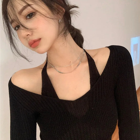 Spring And Autumn Long Sleeved Solid Color Slimming V-Neck Hanging Neck Tops Women's Off Shoulder Knitted Sweaters