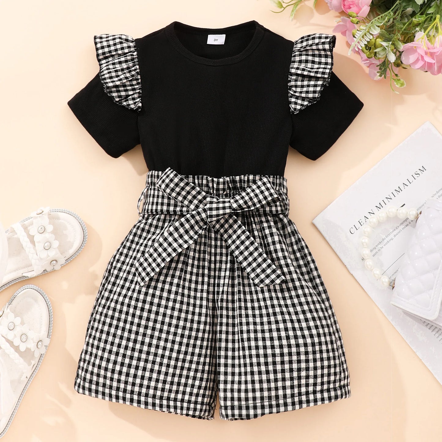 Plaid Splicing Two-Piece Set, Ruffle Short Sleeve Top + Plaid Shorts Set Sweet Fashion Clothes Girls Summer Outfit