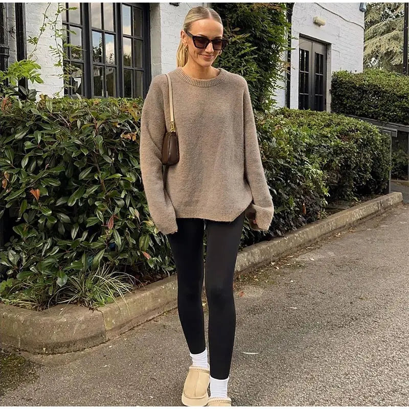 Casual Brown O-Neck knitted Cashmere Pullover Women Fashion Full Sleeve Loose Commute Jumper 2024 Autumn Lady Street Outerwears