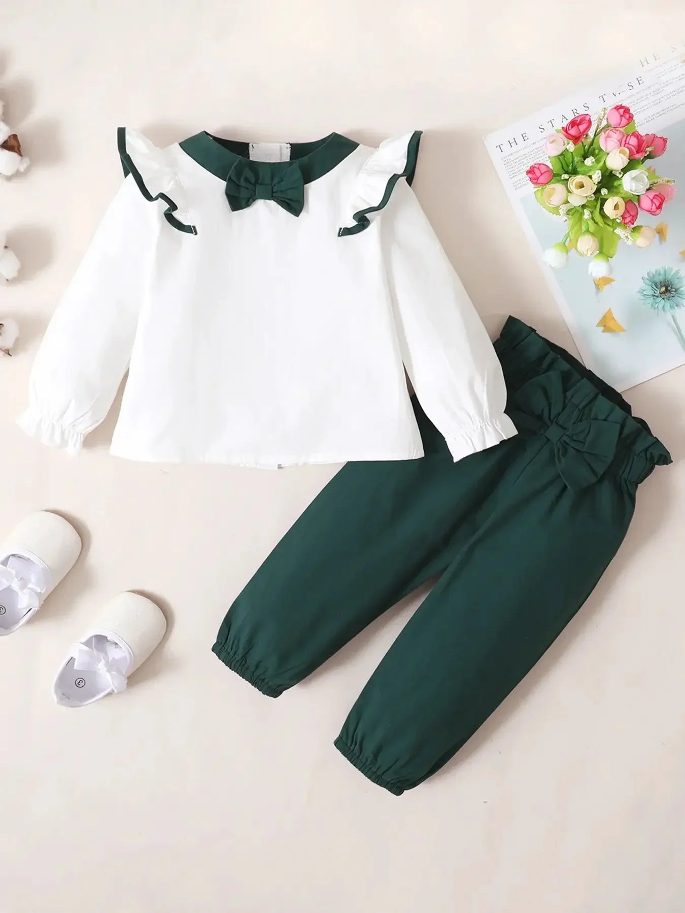 2PCS Toddler Girl Fashion Clothing Set Ruffled Collar Long Sleeved Top+Pants with Bow Spring&Autumn Solid Outfit for Kid 1-4Year