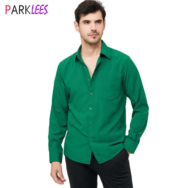 Green Mens Dress Shirts Long Sleeve Wrinkle Free Regular Fit Casual Stretchy Business Button Down Shirt for Men Chemise Homme