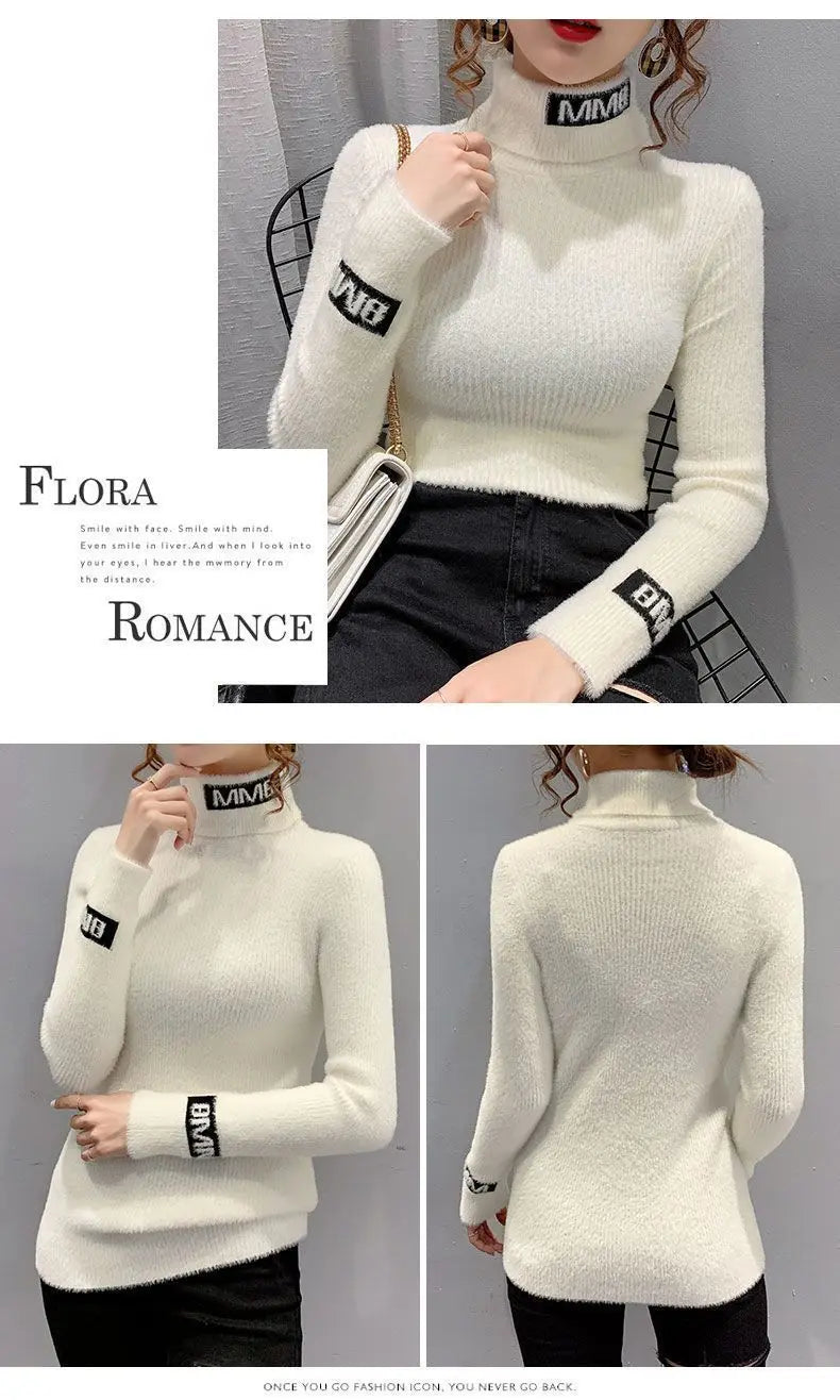 Autumn Winter New Letter Printing Sweaters Long Sleeve High Neck Solid Color Slim Youth Pullovers Elegant Fashion Women Clothing