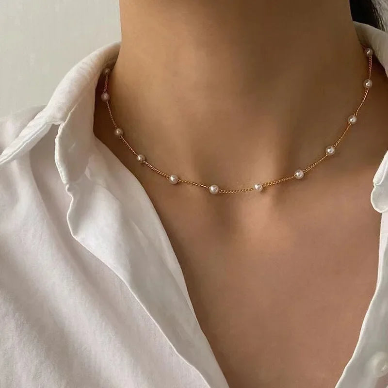 2024 New Beads Women's Neck Chain Kpop Pearl Choker Necklace Gold Color Goth Chocker Jewelry On The Neck Pendant Collar For Girl