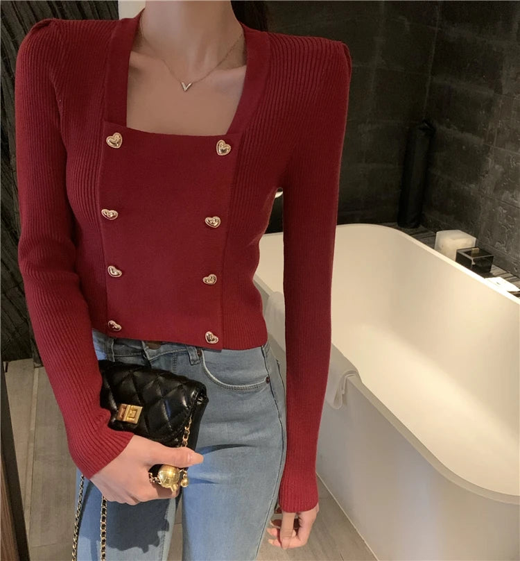 Short Square Collar Crop Top Knitted Sweater Women Korean Clothes Love Button Long Sleeve Sweaters 2022 Autumn Winter Pullover