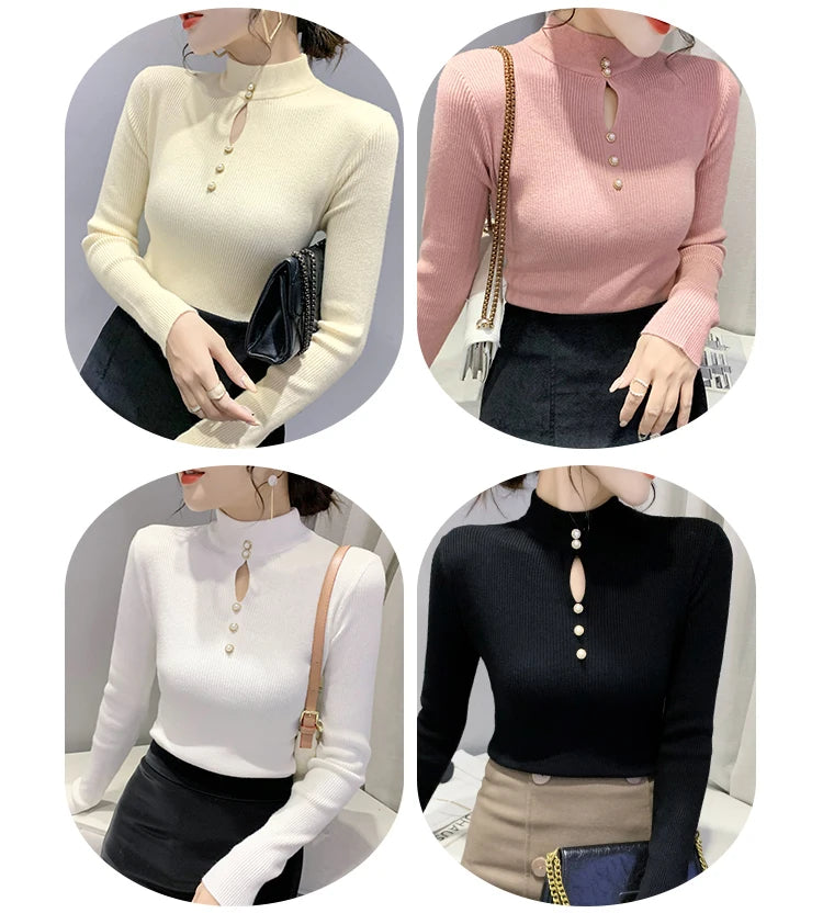 Autumn Winter Pullovers Women Hollow-out Sweaters Long Sleeve Half High Collar Sweater Female Slim Korean Knitwears Tops 2024