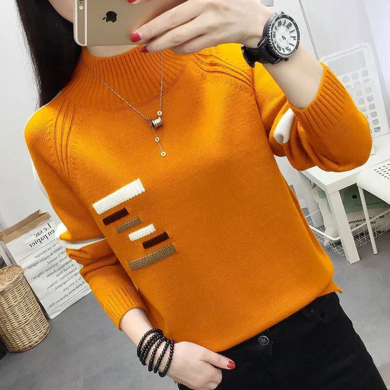 2024 Autumn Fashion Half High Collar Knitted Spliced Loose Sweater Women Clothing Oversized Casual Pullovers Tops Jumper Sweater