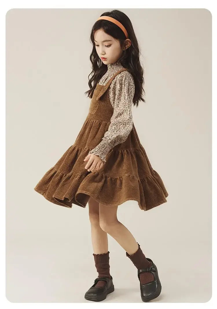 Autumn Children's Girls Daisy Printed Full Sleeve Tshirts and Flannel Suspenders Dress Set Elegant Lolita Spring Clothes