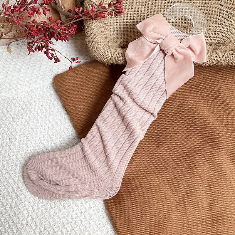 New 1-8 Years Baby Girls Socks Velvet Bows Knee High Long Soft Cotton Todders Socks Children Princess Spring Autumn Tube Socks