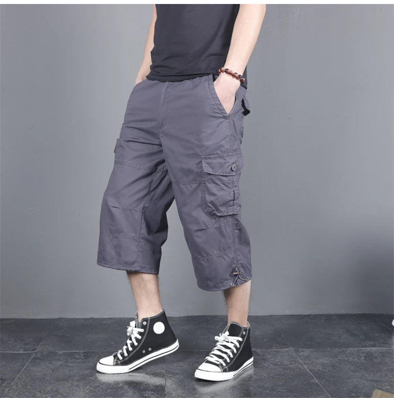 Long Length Cargo Shorts Men Summer Multi-Pocket Casual Cotton Elastic Capri Pants Men Military Tactical Short Hot Breeches 5XL