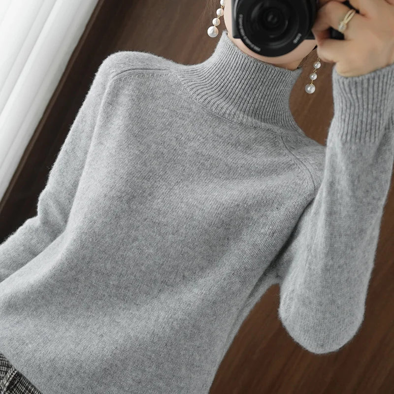 Turtleneck Merino Wool Pullover Basic Casual Cashmere Sweater Comfort Autumn Winter Women's Raglan Sleeve Clothing Tops