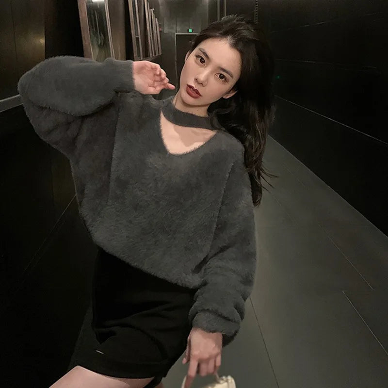 Autumn and Winter Fashion Women Loose Sweater Hanging Neck Solid Color Korean Version V-neckKnitwear