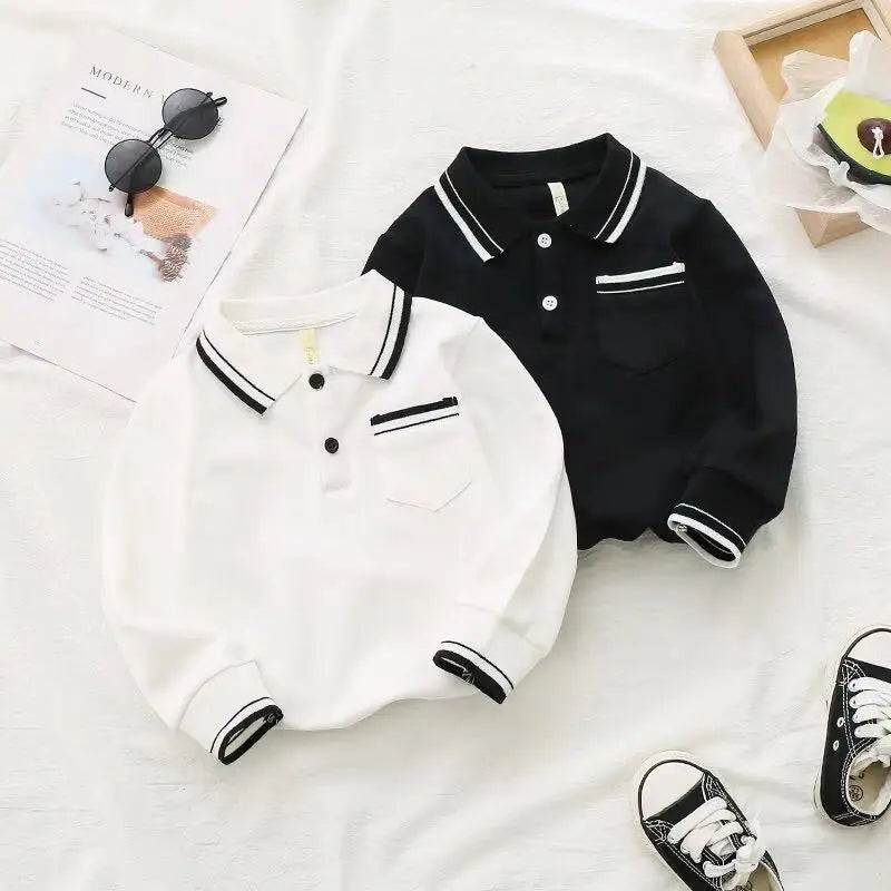 Boys Clothing Lapel Cotton Long Sleeve Spring New Korean Version Versatile Spliced Pocket Solid Color Kids Fashion Polo Shirt