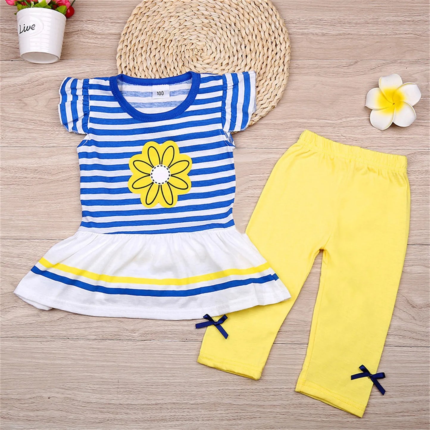 2Pcs Clothes Set 1-8Y Toddler Kids Girls Summer Clothing Sunflower Daisy Striped T Shirt Tops+Pants Leggings Infant Outfits Sets