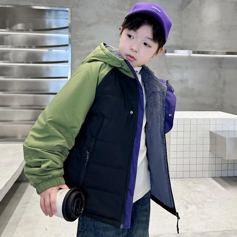 Children's Jackets Winter Parkas for Boys Coats Korean Teen Kids Cotton Velvet Padded High Quality Outerwear Pocket Hooded Coats