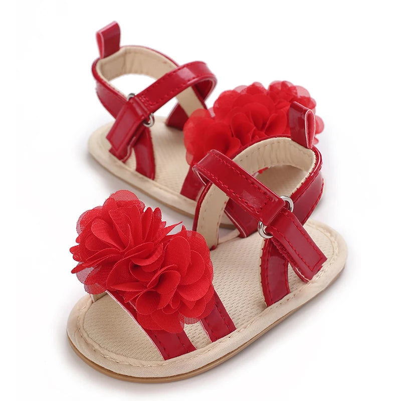 Summer baby girl sandals red festive and cute flower baby shoes soft rubber soles comfortable and casual baby walking shoes