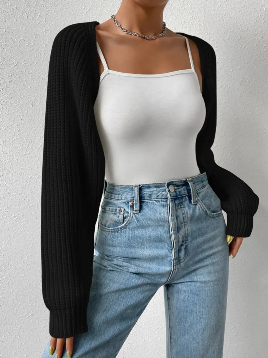 Women Spring Fall Ribbed Knit Sweater Cardigan V-Neck Long Sleeve Solid Cropped Shrug Sweater Bolero Tops Casual Outerwear