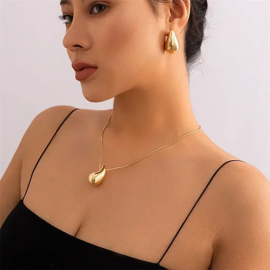 Vintage Gold Color Plated Chunky Dome Drop Necklaces for Women Fashion Glossy Thick Teardrop Necklace Jewelry Gifts Wholesale