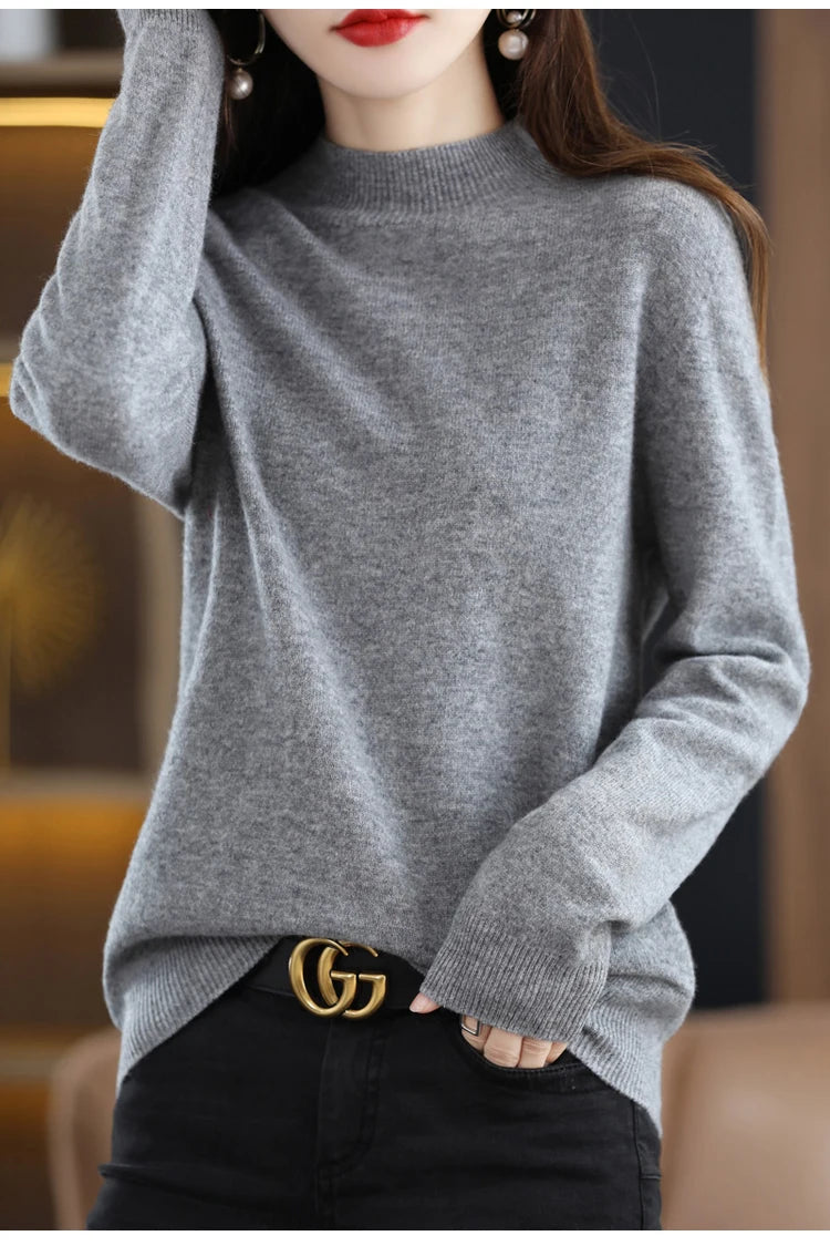 100% merino wool cashmere sweater women's sweater semi-high-necked long-sleeved pullover warm pullover in autumn and winter