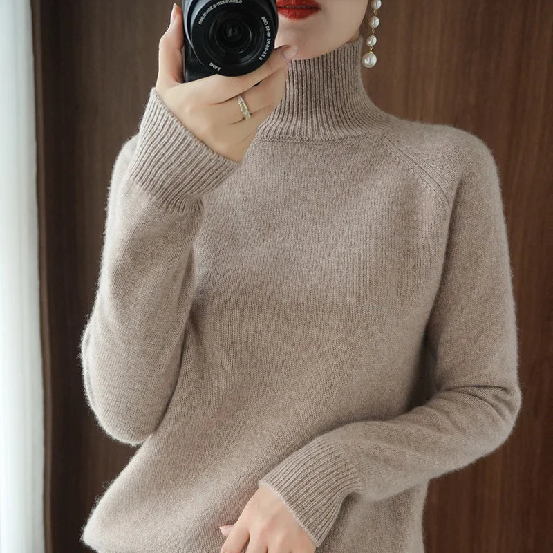 Turtleneck Merino Wool Pullover Basic Casual Cashmere Sweater Comfort Autumn Winter Women's Raglan Sleeve Clothing Tops