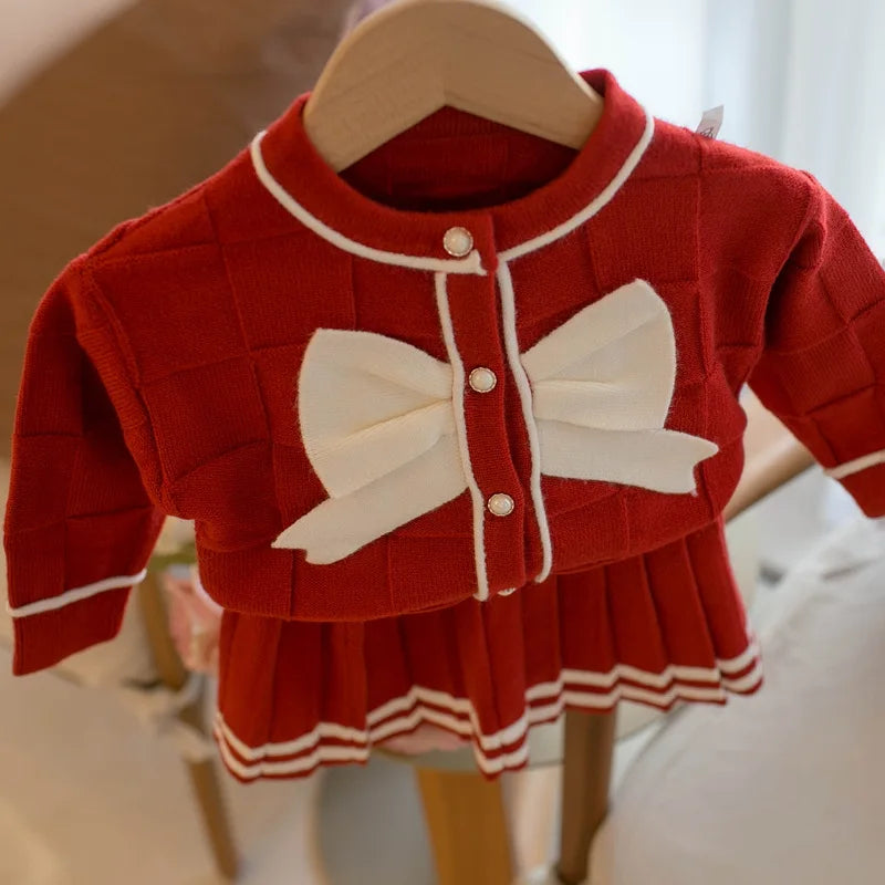 2023 Autumn Winter Girls' Set Children's New Large Bow Sweater Single breasted Cardigan Coat+pleated Skirt Baby Kids Suit