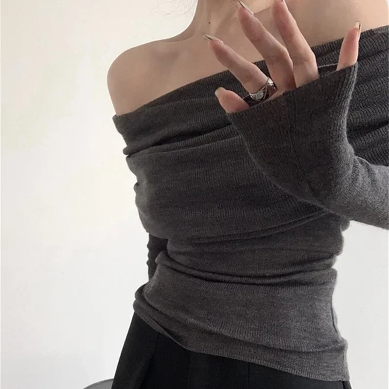 Women Long Sleeve Knitwear Solid Off Shoulder Autumn Thin Pullovers Slash Neck Sweater For Women Office Elegant Tops 2023