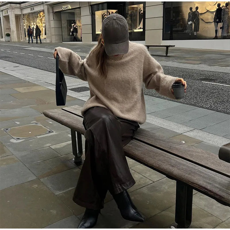 Casual Brown O-Neck knitted Cashmere Pullover Women Fashion Full Sleeve Loose Commute Jumper 2024 Autumn Lady Street Outerwears