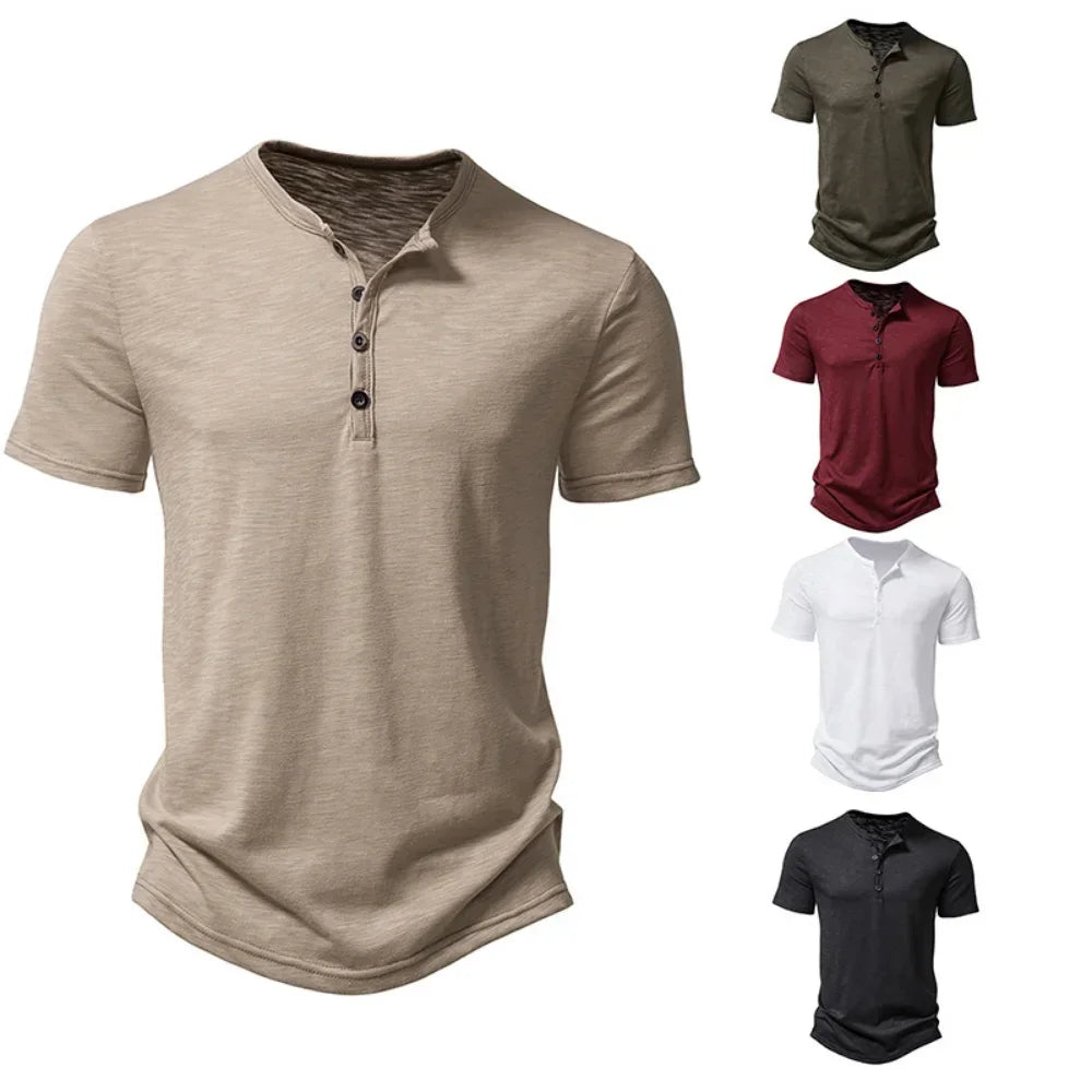 Henley Collar Summer Men Casual Solid Color Short Sleeve T Shirt for Men Polo men High Quality Mens T Shirts