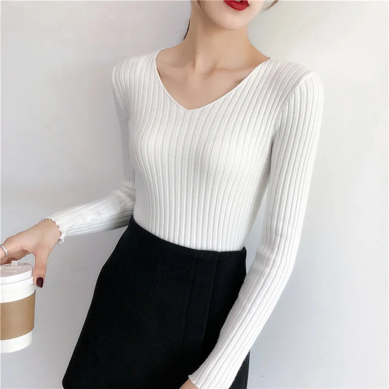 Autumn Winter Knitted V Neck Women Sweaters Casual Long Sleeve Pullover Soft Warm Sweater Femme Fashion Basic Solid Jersey Tops