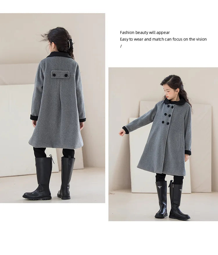 Winter Girls Wool Coat Long Double-faced Tweed Overcoat for Kids Fashion Casual Grey 10 12 14 Years Teenage Children Outerwear