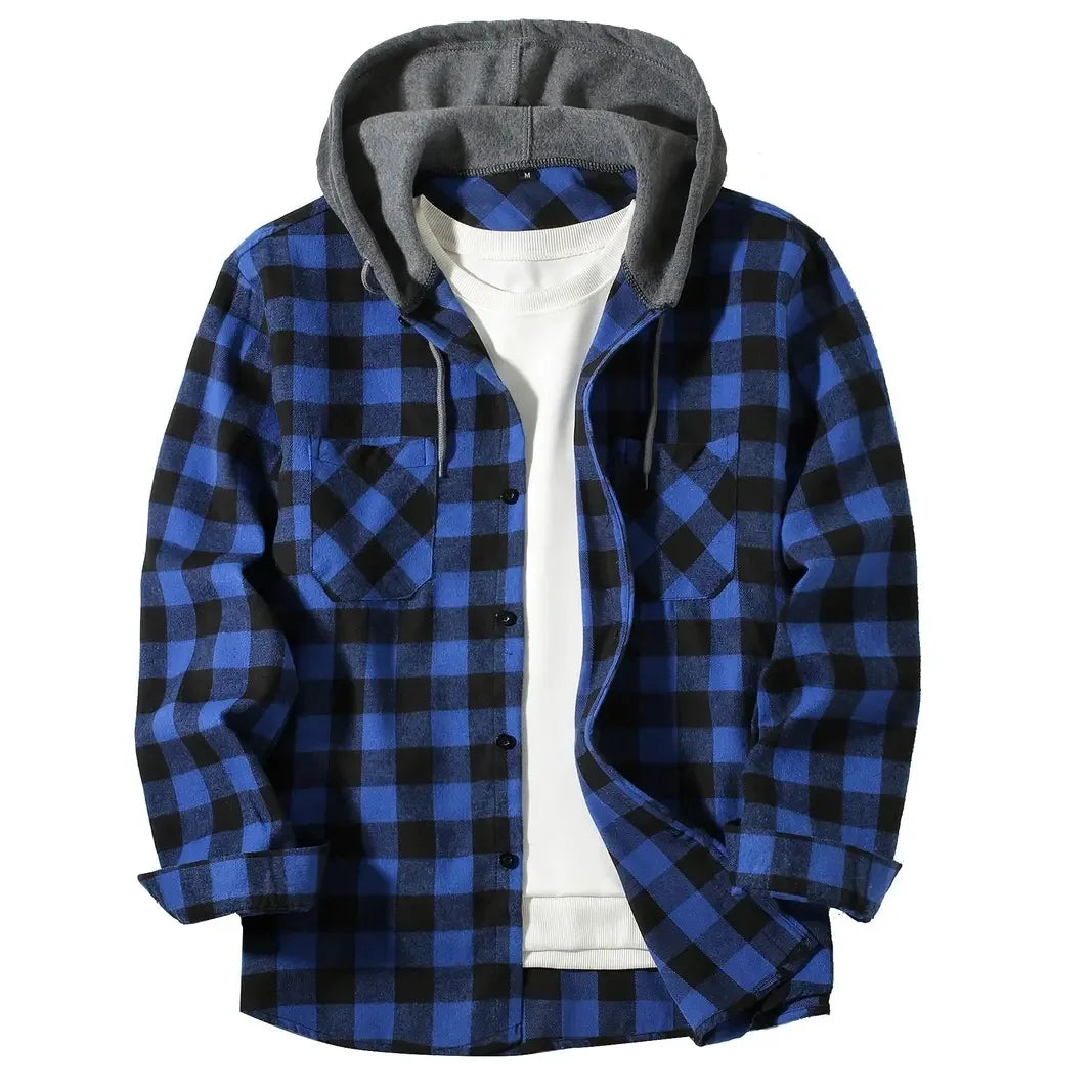 Spring Autumn Men's Hoodies Shirts Classic Plaid Casual Button Down Hooded Long Sleeved Double Pockets Shirt Flannel Jacket Tops