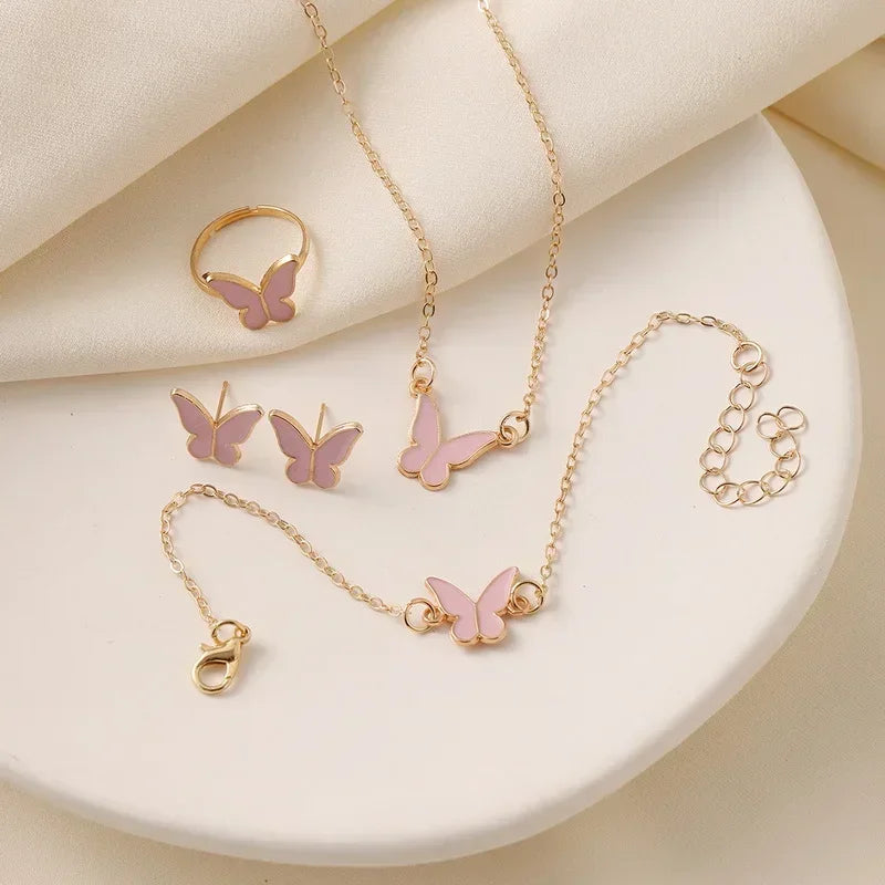 4Pcs Butterfly Jewelry Sets Pink White Romantic Bracelet Ring Necklace Earrings Set Wedding Dress Accessories Women Xmas Gift