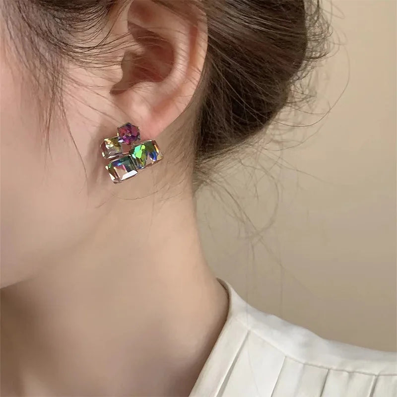 Design Fantastic Colorful Crystal Geometric Square Earrings with Different Angles and Colors Unusual Jewelry for Women or Girls