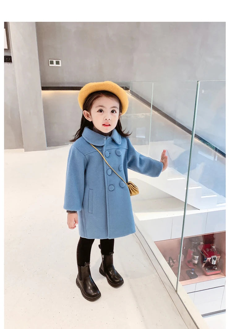 1-7 Years Girls Wool Coats New Fashion Korean Version Long Kids Jacket Spring Autumn Double Breasted Children Outerwear Clothing