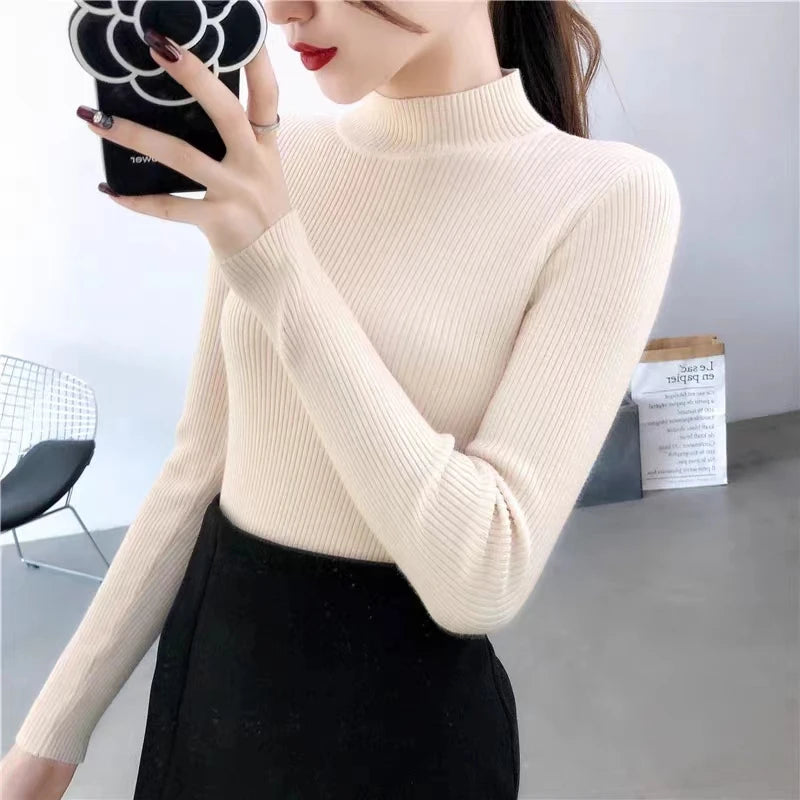 Autumn High Collar Long Sleeve Skinny Elastic Casual Tops Bottoming Sweater Women Basics Knitted Shirts Warm Knitwear Pullovers