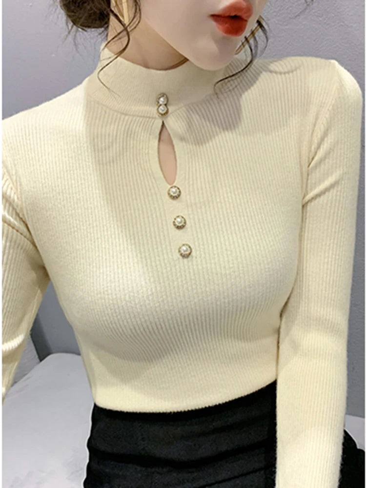 Autumn Winter Pullovers Women Hollow-out Sweaters Long Sleeve Half High Collar Sweater Female Slim Korean Knitwears Tops 2024