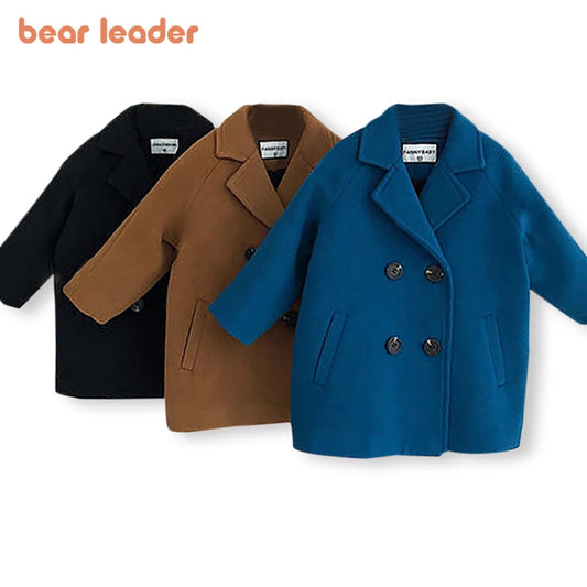 Bear Leader Baby Boys Woolen Jacket Long Double Breasted Warm Infant Toddler Lapel Tweed Coat 2023 Autumn Winter Outerwear Coats