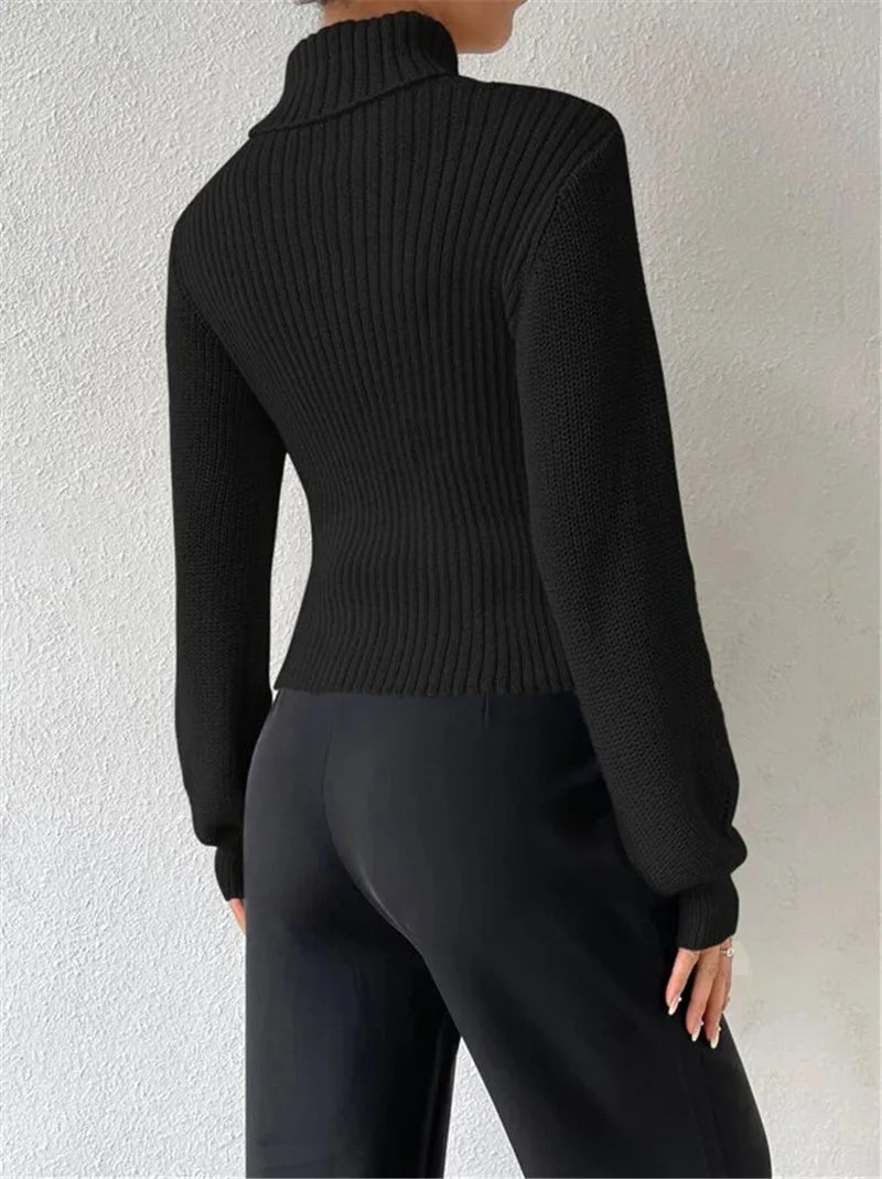 Chest Hollowed-out Sexy Sweater Design Sexy Loose Matching Sweater Fall Winter Turtleneck Hollowed-out Sweater Women Wear Top