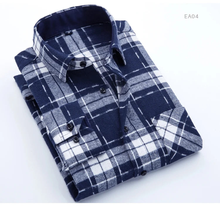 Men's Slim-fit Casual Brushed Flannel Contrast Plaid Shirt Single Patch Chest Pocket Comfortable Soft Long Sleeve Gingham Shirts