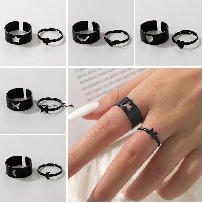 2pcs Ring Set Lover Star Moon Butterfly  Rings for Women Men Couple Golden Black Silver Color Engagement Wedding Jewelry