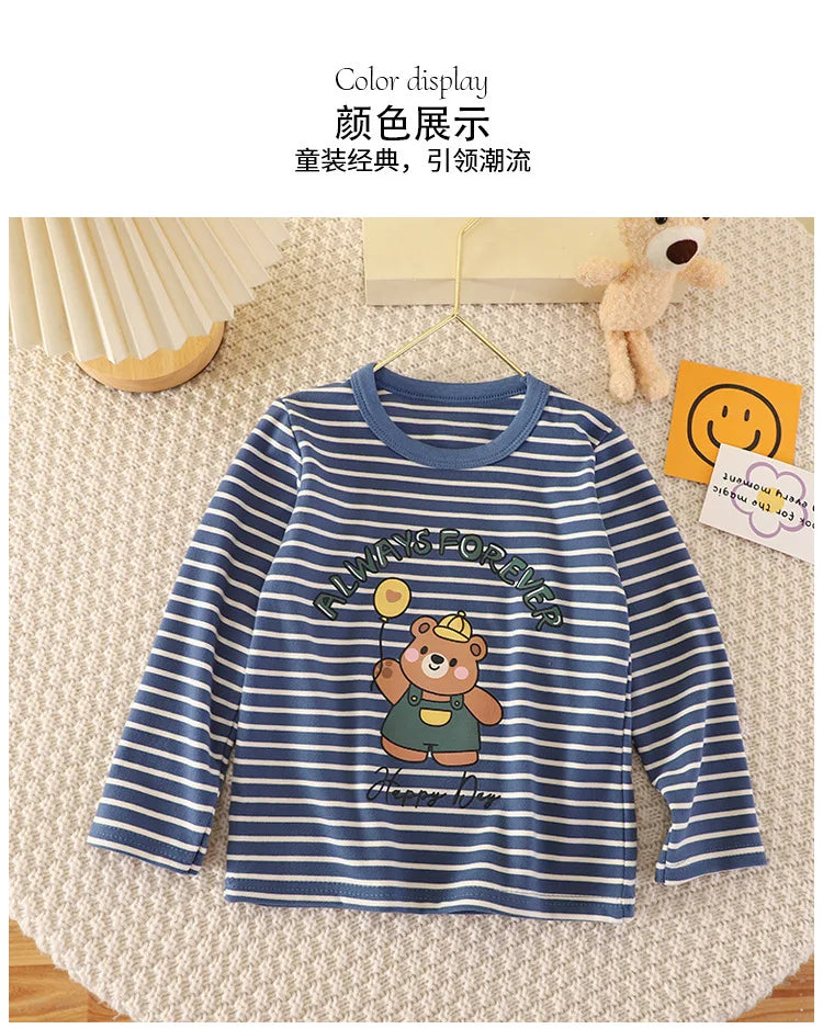 Baby Striped Shirt Autumn Winter Costume Child Boys Girls Cartoon Casual Loose Long-sleeved Tops Underwear