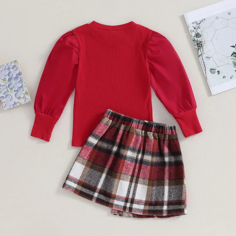 Children Girl Two Piece Skirt Sets Spring Autumn Clothes Outfits Lantern Sleeve Knit Top and Plaid Mini Skirt Set Baby Clothing