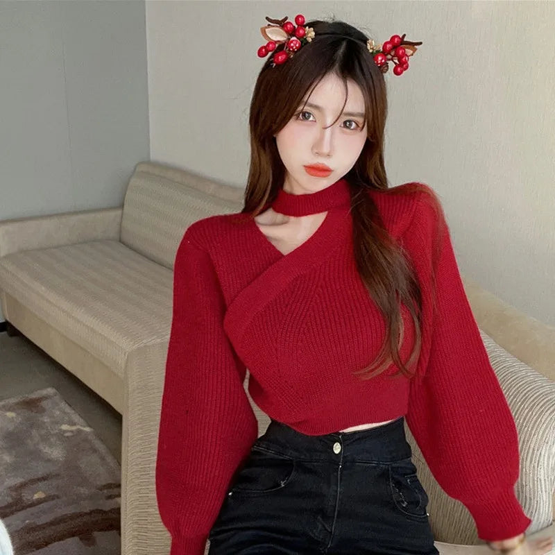 Women's Neck Hanging Solid Sweater Warm Pullover Sweater V-neck Cross Neck Off Shoulder Knitwear Tops