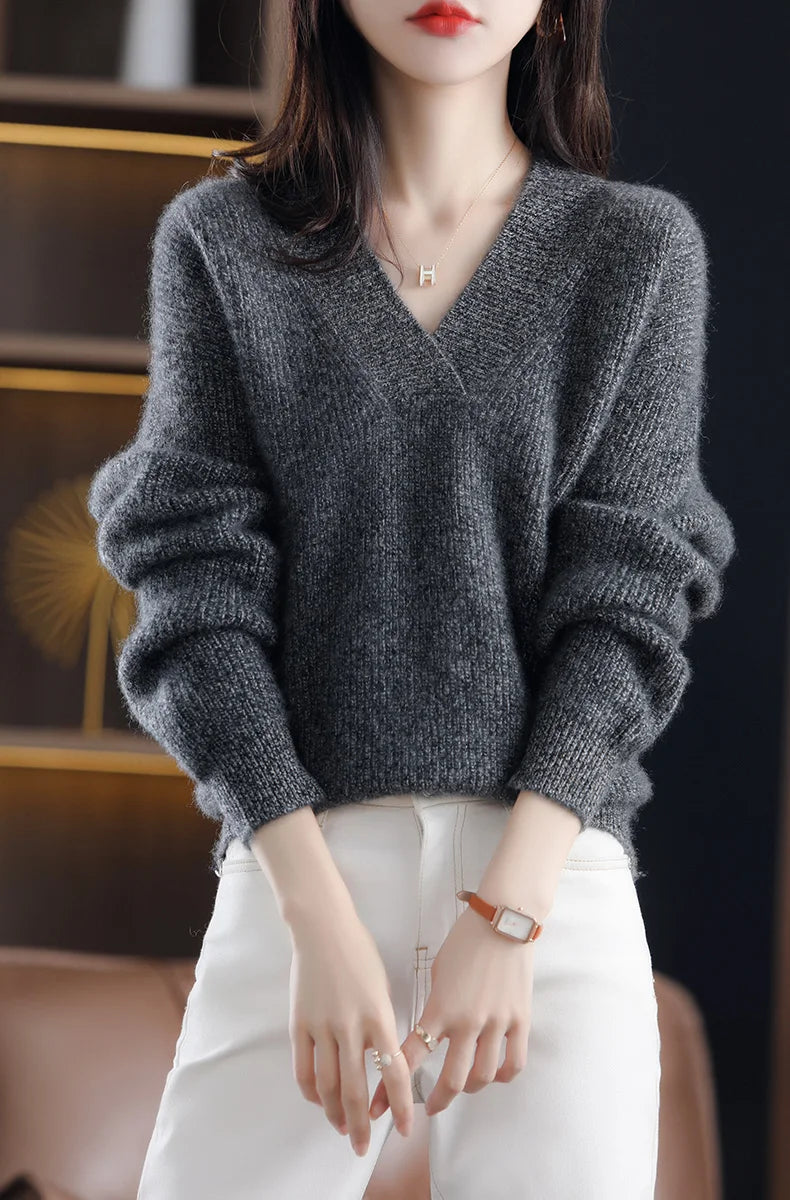 V-Neck Autumn Winter Sweater pullovers Women 2024 loose thick cashmere Sweater Pullover women oversize sweater jumper