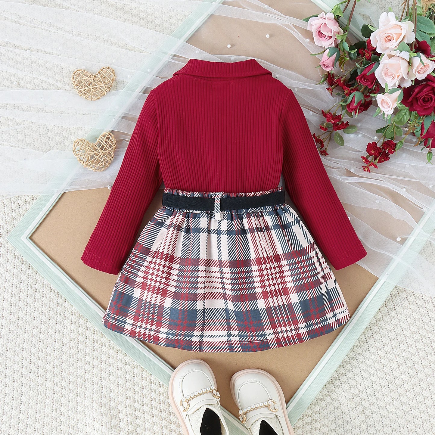 3PCS Autumn New Style 1-5 Year Old Middle And Middle School Girls Fashion College Style Solid Color Pit Top + Plaid Skirt Set