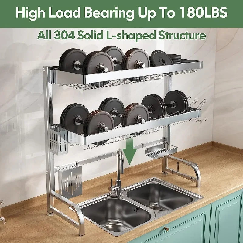 BOOSINY Over Sink Dish Drainer Drying Rack,Adjustable (25.5"-35.5")3 Tier Large Dish Racks for Kitchen Storage Counter Organizer